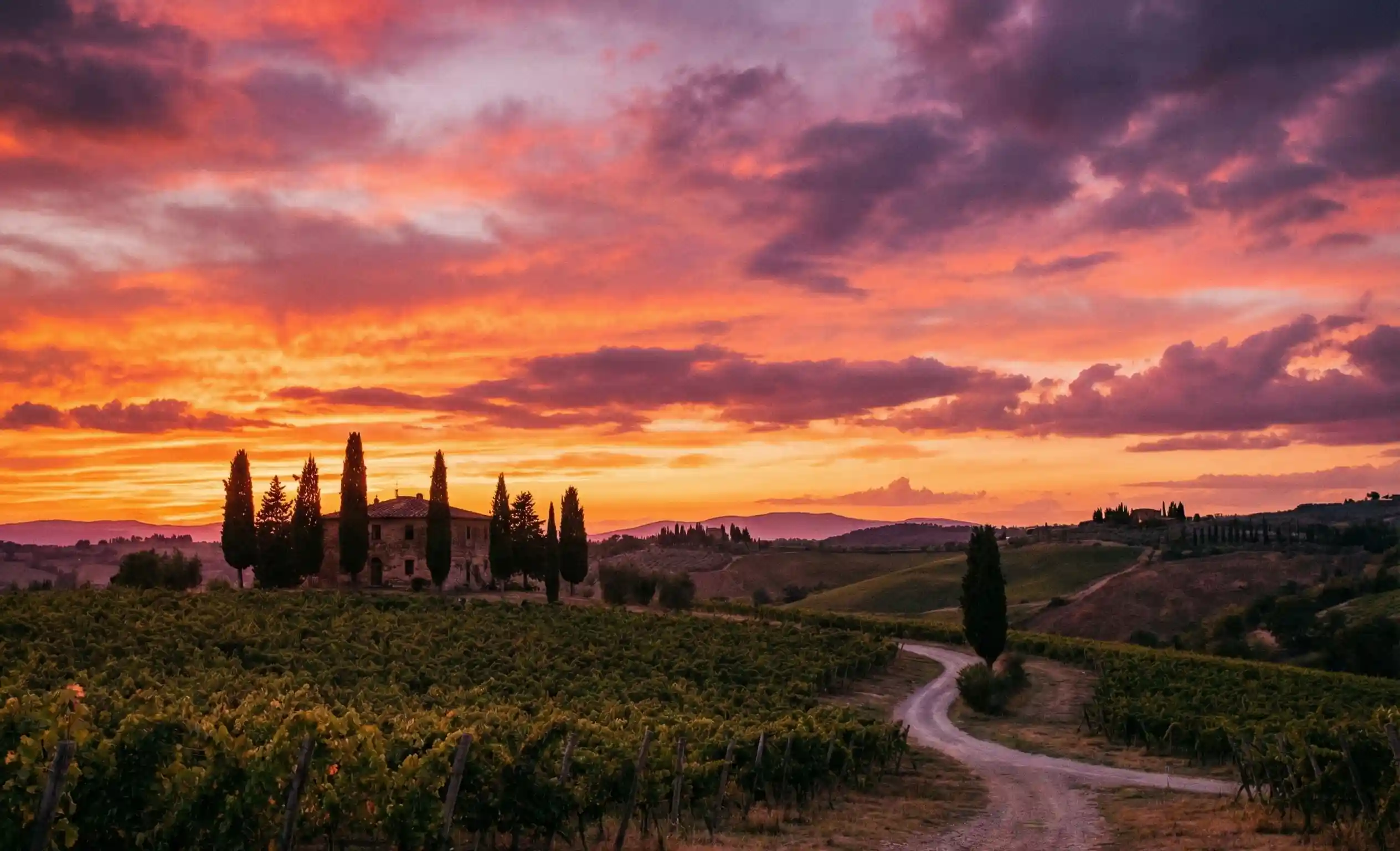 Stunning sunset over Chianti vineyards with golden light