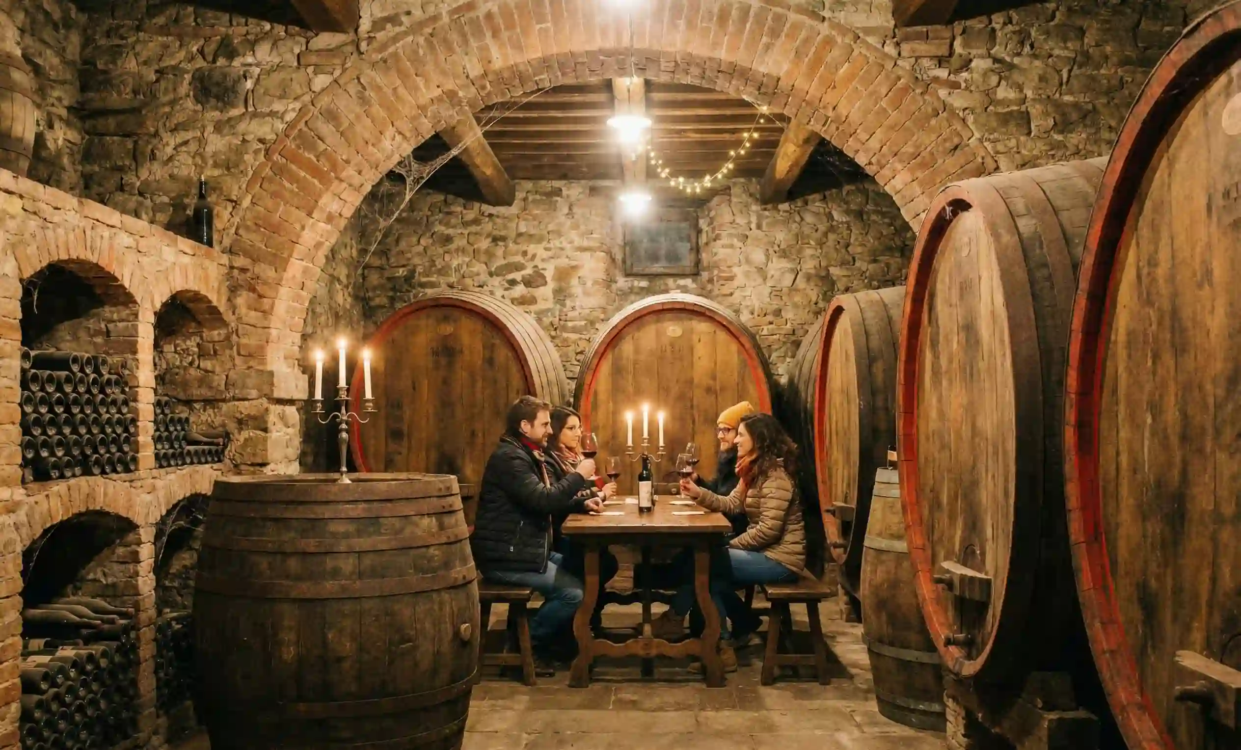 Interior of a traditional Chianti wine cellar with oak barrels