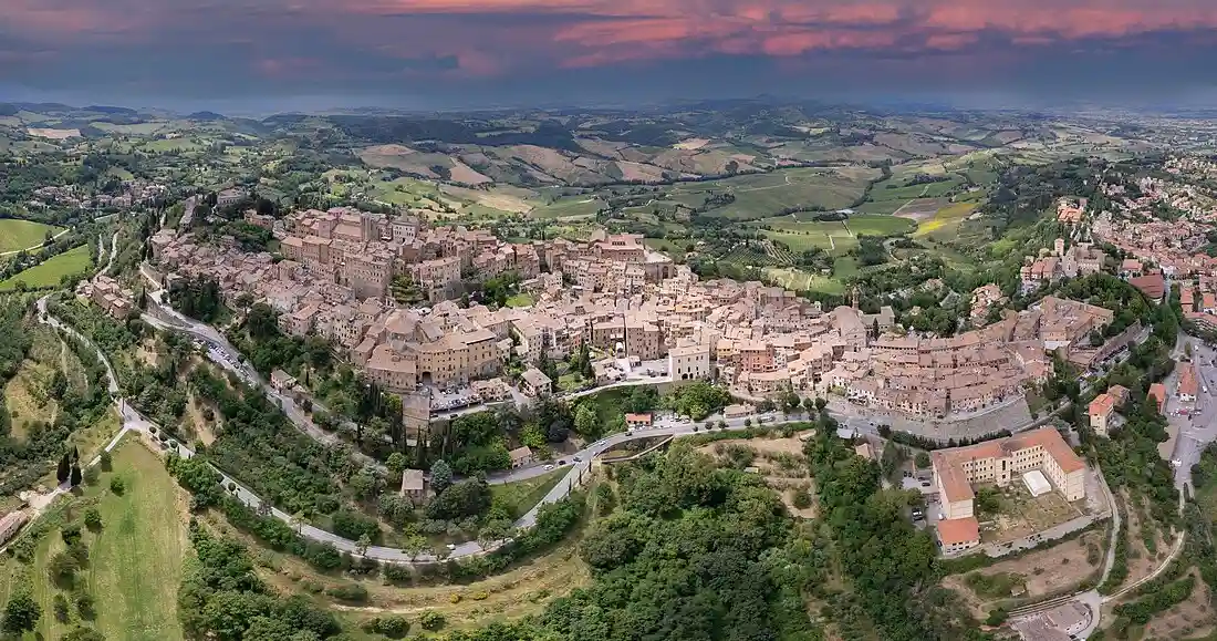 Montepulciano hilltop town overlooking Tuscan vineyards