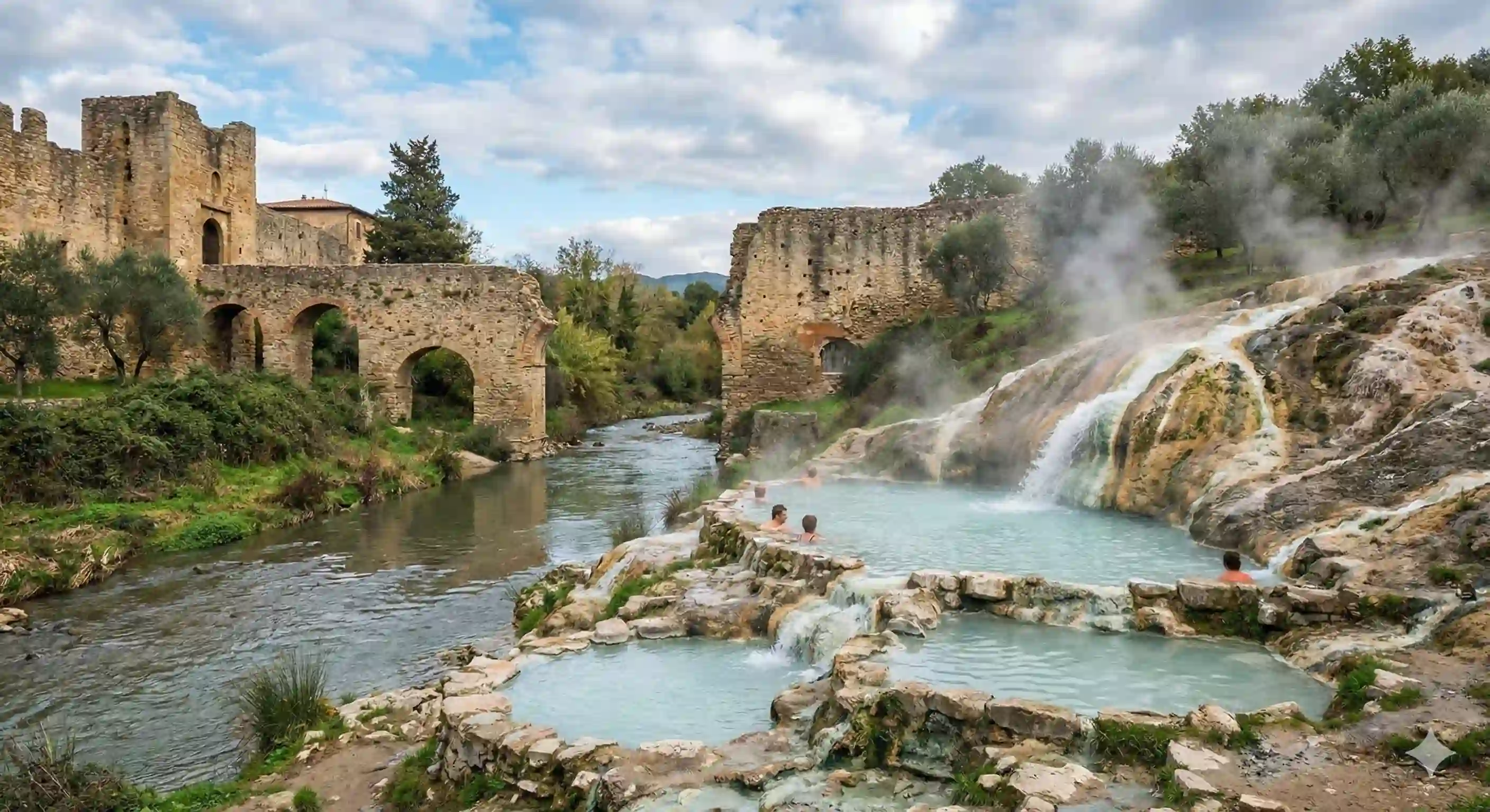Petriolo hot springs with medieval fortress ruins and Farma river