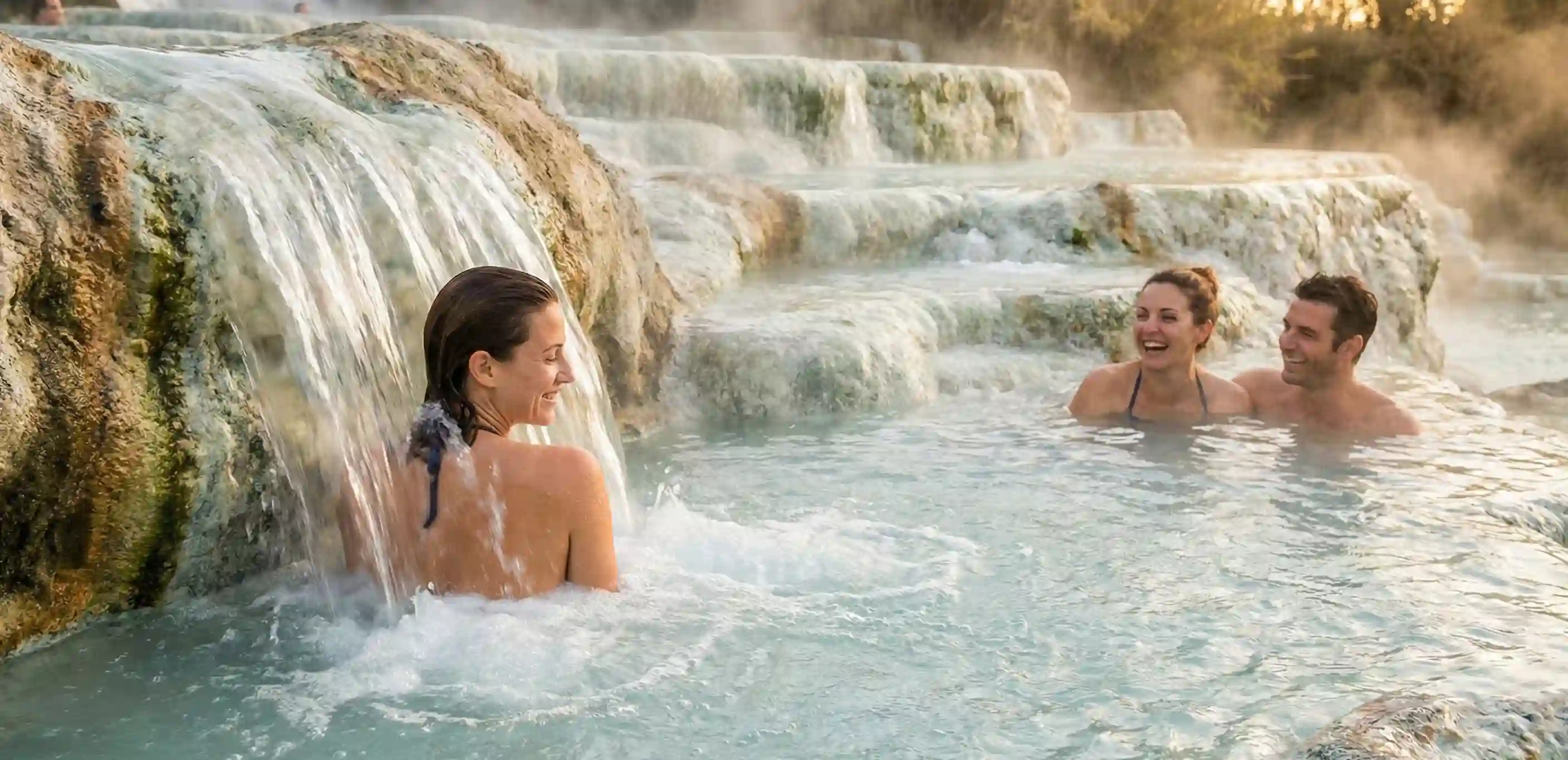 Close-up of the travertine pools at Saturnia hot springs with people bathing